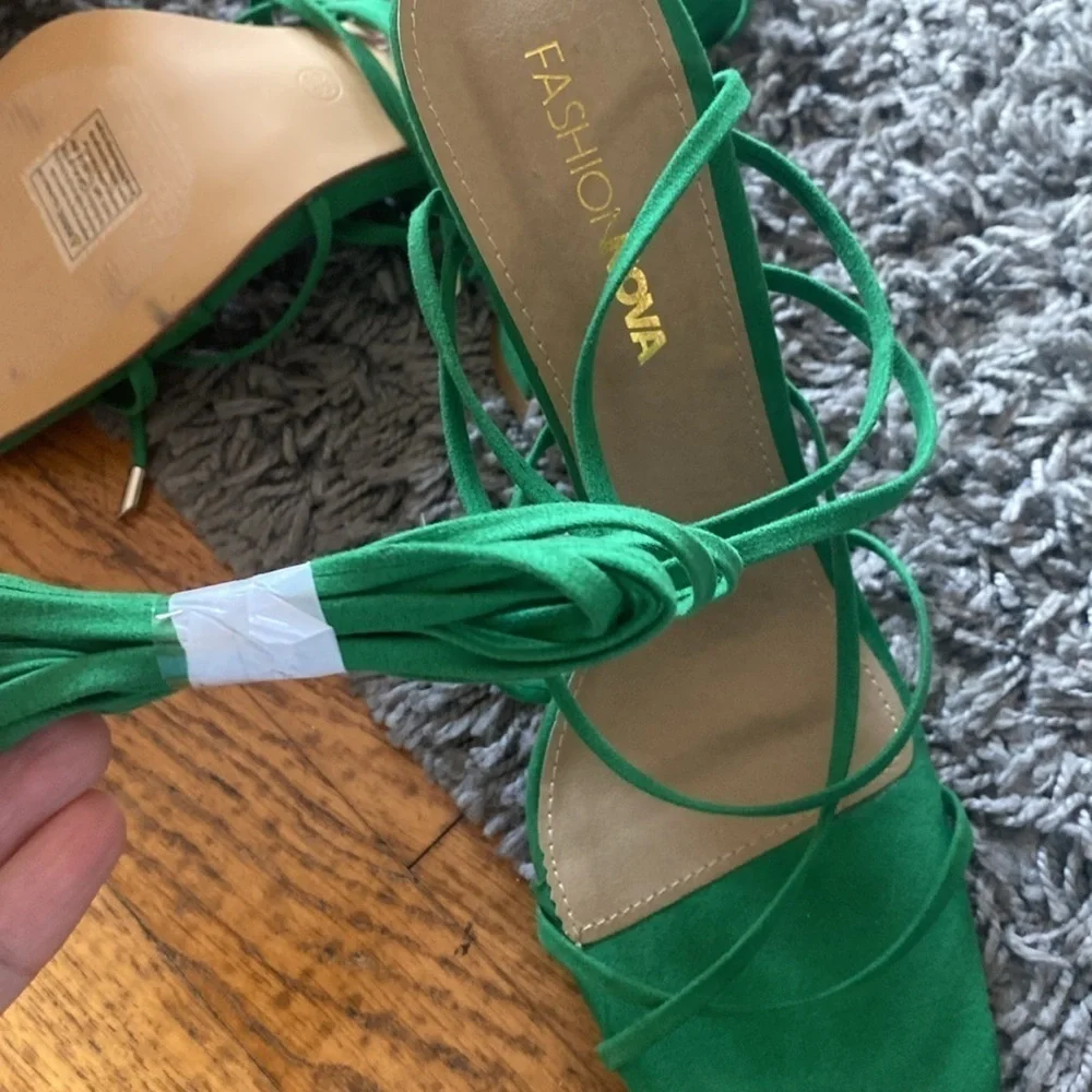NWOT Fashion Nova Green Faux Suede Pay No Mind Heels Ankle Tie Heels Size 8.5